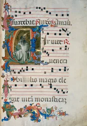 Illuminierte Initiale mit der Figur des San Romualdo (Corale 8, c. 76), für Chorbuch 8 von Santa Maria degli Angeli