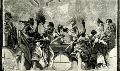 Mariä Himmelfahrt, Detail aus Fresko von Correggio (1489-1534), Kuppel der Kathedrale von Parma, Emilia Romagna, Italien, Holzschnitt aus 
