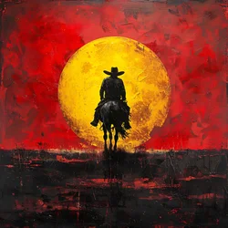 Vintage Western Cowboy und Sonnenuntergang Cartoon Poster für Wanddeko