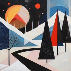 Geometrische Form mit abstrakten Bäumen & Winterlandschaft für Wohnzimmerdeko