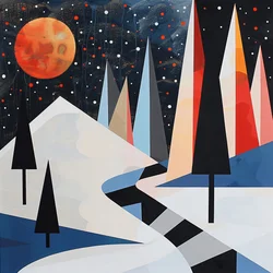 Abstrakte Bäume & schneebedeckte Landschaft, Winterkunstdrucke für Wanddeko