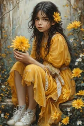 Unschuldiges schönes Mädchen, das Blumen in einer Landschaft hält