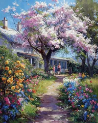 Ein Garten eines Hauses auf dem Land, Kirschblüten