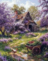 Traditionelles Bauernhaus umgeben von rosa Blumen