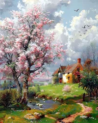 Altes Haus und Landschaft mit blühenden Bäumen