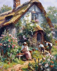 Bauern vor ihren traditionellen Häusern auf dem Land