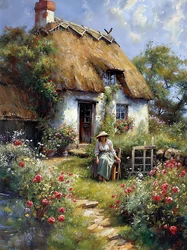 Eine Frau sitzt in einem Garten vor einer Hütte auf dem Land