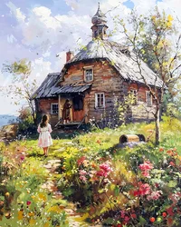 Ein Mädchen und ihre Mutter vor einem Holzhaus