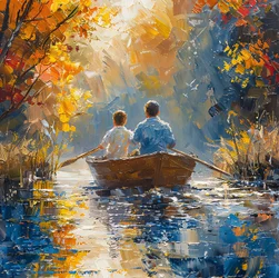 Vater und Sohn auf einem Boot auf einem Fluss