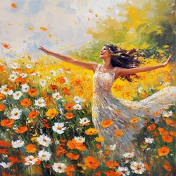 Frau lächelt und tanzt in einer Blumenwiese