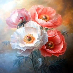 Ölgemälde, Große zarte Pfingstrosen & Mohnblumen