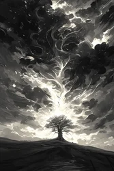 Dunkle Nacht & helles Mondlicht, epische filmische & dramatische Sturmwolken & ein Baum