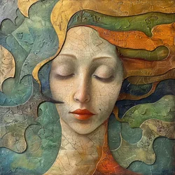 Lebendiges abstraktes Porträt einer Frau, bunter flüssiger Stil