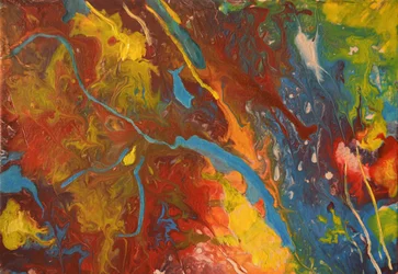 Abstrakte Acrylgießerei in Rot, Blau und Gelb