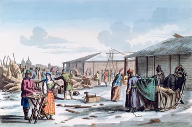 Fleischmarkt im Winter, Russland, 1821