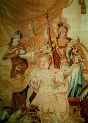 Europa, aus einem Wandteppich der vier Ecken der Welt, Detail der Figuren auf dem Podium links, erste Hälfte des 18. Jahrhunderts