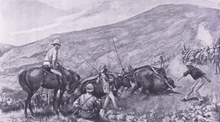 Transportprobleme in Barberton: Wie die Kanonen und Wagen die Berge hinaufgebracht wurden, Illustration aus After Pretoria: The Guerilla War, 1902