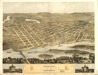 Vogelperspektive der Stadt Portage, Columbia Co., Wisconsin 1868