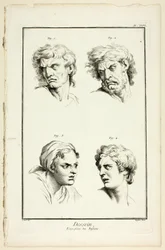 Zeichnung: Ausdruck von Emotionen (Hass oder Eifersucht, Wut, Verlangen, körperlicher Schmerz), aus Encyclopédie