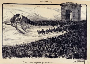 Erster Weltkrieg: „Es ist die Seele eines vorbeiziehenden Volkes“ Feier am 14.07.1915. Die Allegorie der Republik führt das Volk vor dem Arc de Triomphe in Paris. Zeichnung von Abel Truchet (1857-1918)