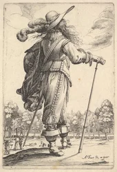 Ein Herr, von hinten gesehen, geht nach rechts mit einem Stock und trägt einen Federhut ..., 1629