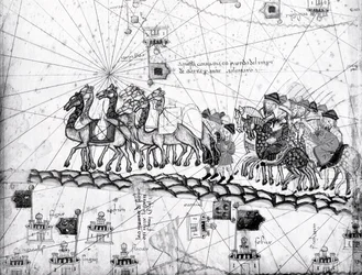 Ms Esp 20 Tafel 4, Kaufleute reisen nach Cathay, China, in den Fußstapfen von Marco Polo, Detail zeigt die Familie von Marco Polo, die mit einer Kamelkarawane reist, aus dem Katalanischen Atlas veröffentlicht für Charl