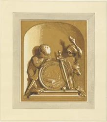 Putti stehend bei Medaillon mit Grabmal, in Nische