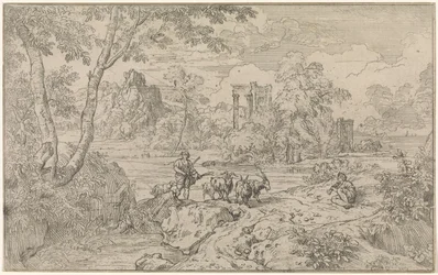Arkadische Landschaft mit Ziegenhirte
