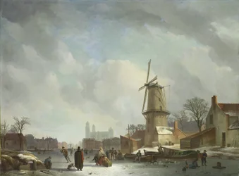 Herumtollen auf einem zugefrorenen Kanal in einer Stadt