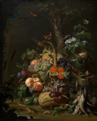 Stillleben mit Obst, Fisch und einem Nest