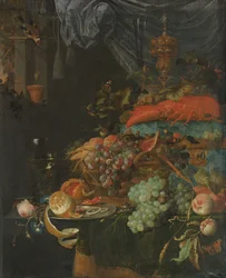Stillleben mit Früchten und einem Stieglitz