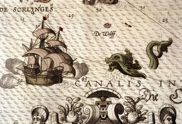 Ein Meeresmonster greift eine Galeone (Karavelle) an. Detail einer Karte in „Theatrum Orbis Terrarum“ von Abraham Ortelius, Antwerpen 1584.