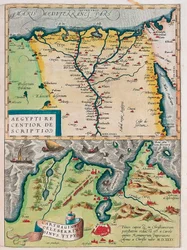 Aegypti Recentior Descriptio. - Carthaginis Celeberrimi Sinus Typus. Geographiekarte von Ägypten mit den Städten des Nils und Karthago (Tunesien) aus „Theatrum Orbis Terrarum“ von Abraham Ortelius