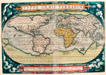 Erdkarte (Weltkarte). Geografische Karte aus „Theatrum Orbis Terrarum“ von Abraham Ortelius (1527-1598)