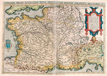 Galliae regni potentiss. nova descriptio. Ioanne Ioliveto auctore. Geographische Karte des Territoriums von Gallien (Frankreich) aus „Theatrum Orbis Terrarum“ von Abraham Ortelius