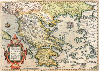 Geographie-Karte des Territoriums von Griechenland mit dem Peloponnes und den Inseln aus „Theatrum Orbis Terrarum“ von Abraham Ortelius