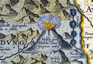 Der Vulkan Hekla auf Island. Atlas von Abraham Ortelius, Amsterdam 1588.