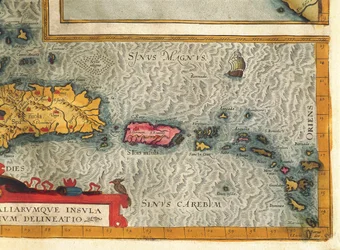 Karte der Insel Hispaniola, Santo Domingo, Puerto Rico und Teil der Antillen von Abraham Ortelius