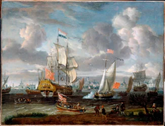 Eine englische Yacht salutiert holländisches Kriegsschiff