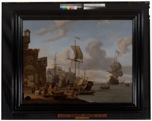 Ein Capriccio-Mittelmeerhafen mit Kaufleuten und anderen Figuren am Kai