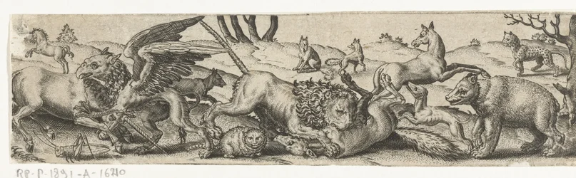 Kämpfende Tiere in einer Landschaft