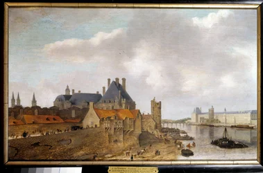Ansicht des Hôtel de Nevers, des Turms von Nesles und der Grande Galerie des Louvre-Schlosses vom Pont Neuf aus