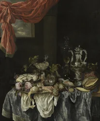 Prächtiges Stillleben mit Glas- und Silberwaren, Obst, Schalentieren und einer Uhr auf einem dunklen Tischtuch