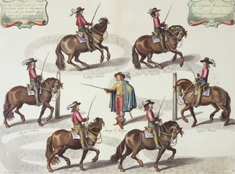 Der Marquis von Newcastle gibt Captain Mazin eine Reitstunde, Tafel 15 aus Die Methode und neue Erfindung der Pferdedressur von William Cavendish, graviert von Lucas Vo