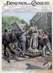 Eine vom Staat für 450.000 Lire gekaufte Statue wird nach Rom gebracht und an Minister Rava übergeben. Ill. von Beltrame. La Domenica del Corriere. 10/1909.