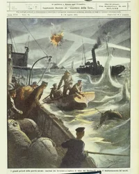 Alliierte Seemänner versuchen, Minen unter türkischem Artilleriefeuer zu entschärfen, während des Ersten Weltkriegs 1914-1918 (Lithographie)