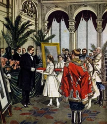 Jahrestag des Autors von Quo Vadis?, Geschenkübergabe an Sinkievicz in Warschau, Illustration von Achille Beltrame, La Domenica del Corriere, Nr. 3, 20. Januar