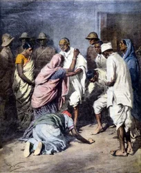 Verhaftung von Mahatma Gandhi (1869 - 1948). Ill. von Achille Beltrame. La Domenica del Corriere. 1932