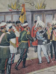 Viktor Emanuel III. König von Italien (1900-1946); Nikolaus II. Zar von Russland (1894-1917). Russland. Der Zar empfängt König Viktor Emanuel III. von Italien in Peterhof. Illustration von A. Beltrame. La Domenica del Corriere