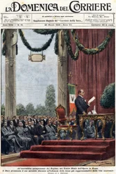 Benito Mussolini hält seine Rede im Teatro Reale der Oper in Rom vor den Führern des Regimes (Illustration von Achilles Beltrame, „Domenica del Corriere“ vom 24. März 1929)